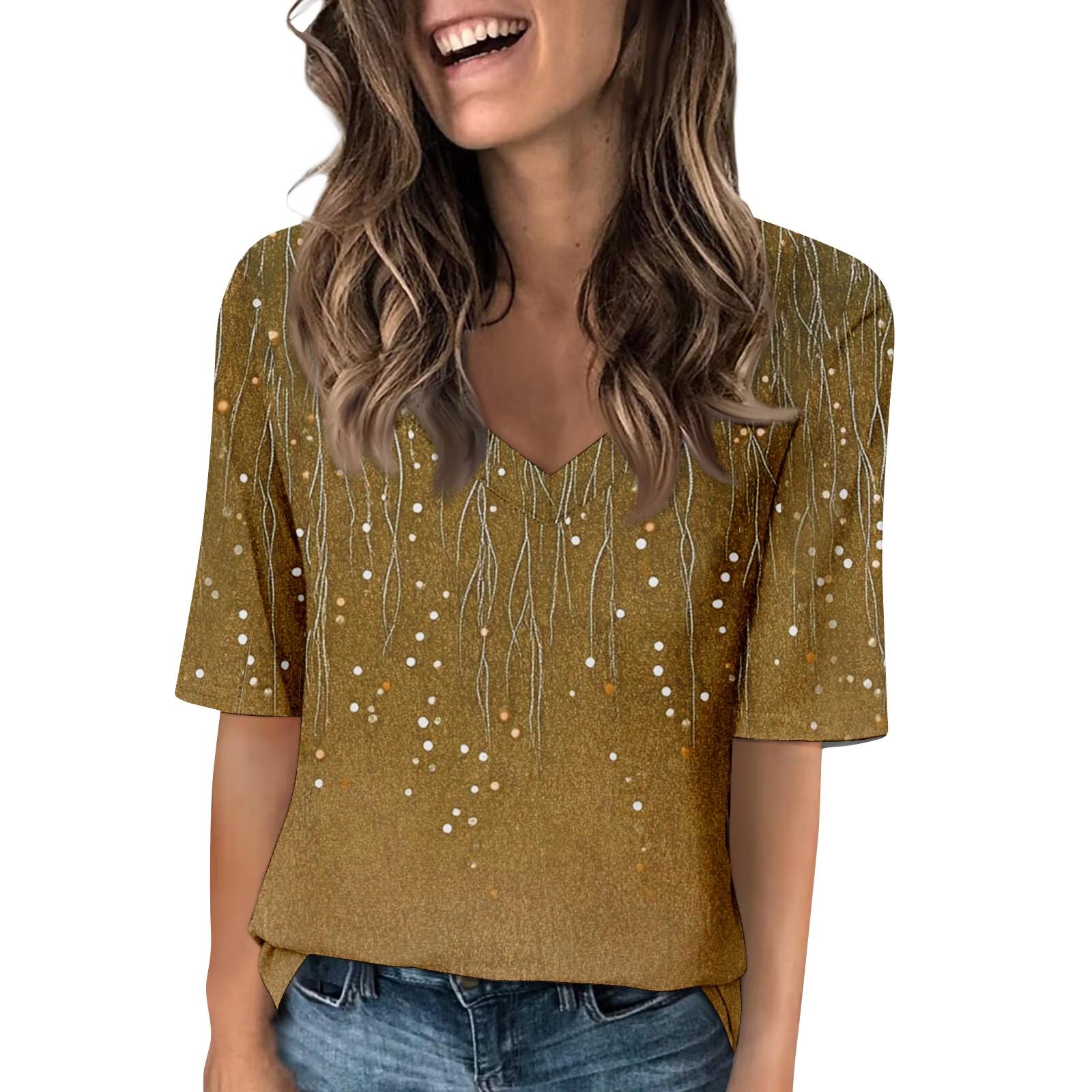 

Женские футболки с V-образным вырезом, топы с половиной рукавов, повседневные летние футболки с принтом, футболка, блузка XL жёлтый