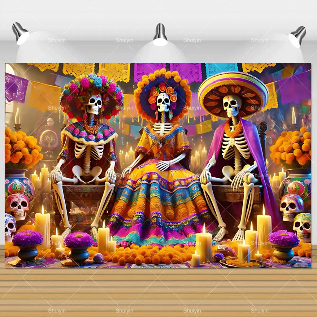 Tło Fotograficzne Dzień Zmarłych Czaszka Nagietek Meksykańska Fiesta Día De Los Muertos Dekoracja Artykuły Imprezowe Akcesoria do Studio Fotograficznego