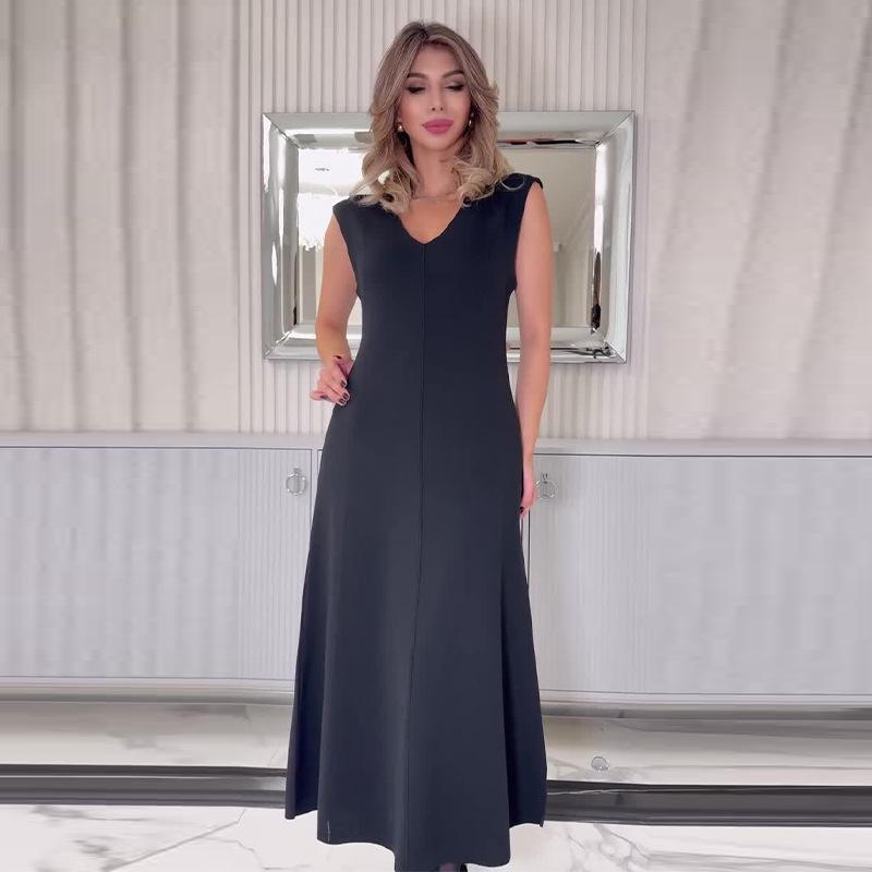 2024 European & American Women's Solid V-Neck Sleeveless Long Dress - Simple & Comfortable