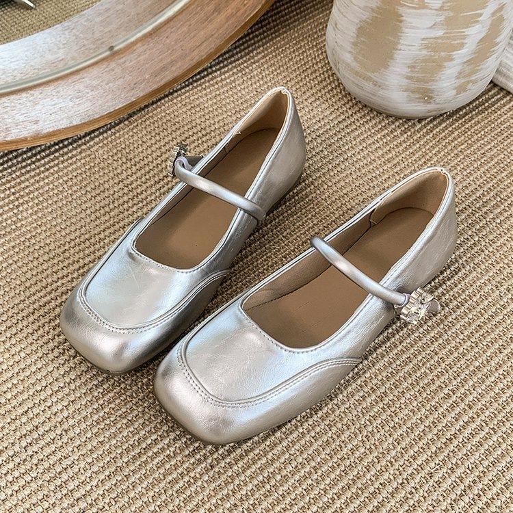 French retro Mary Jane shoes new autumn light mouth silver small leather shoes Doudou shoes single shoes