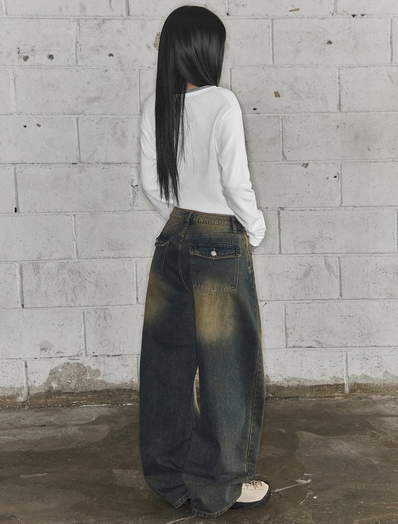 Lupeu Common Back Pocket Washed Basic Wide Long Pants Denim Vintage Jeans