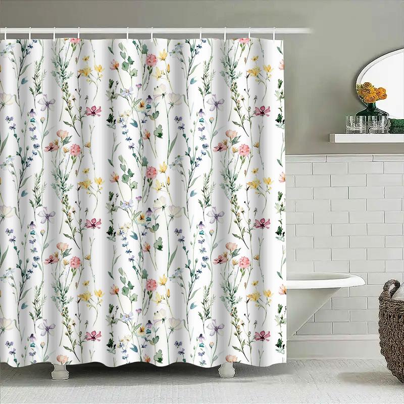 Tenda da Bagno Floreale ad Acquerello: Fiori Eleganti Foglie Decorazione Doccia Rosa Giallo Verde Bianco Sfondo Modello Tessuto Bagno W