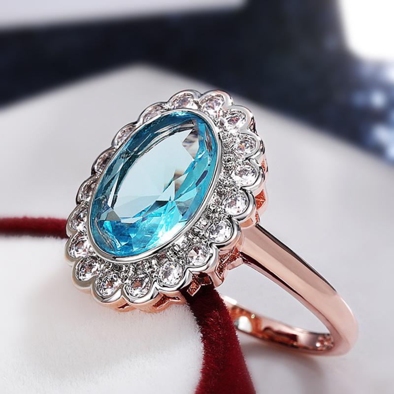 Neue Brillante Zirkonia Frauen Hochzeit Zeremonie Party Finger Ringe Himmel Blau Stein Sonnenblumen Design Weibliche Aussage Ringe