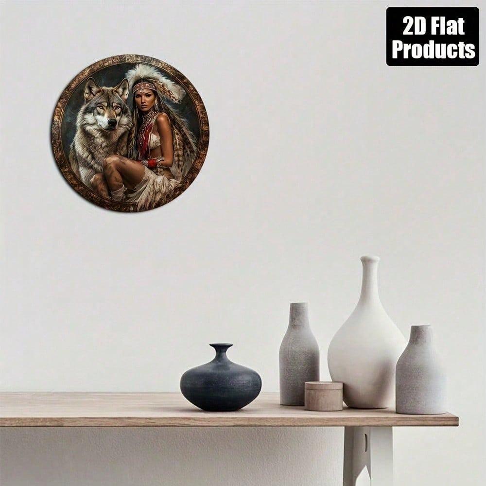 Round Metal Sign Vintage Beauty And The Wolf 2D Aluminum Wall Decor For Bar