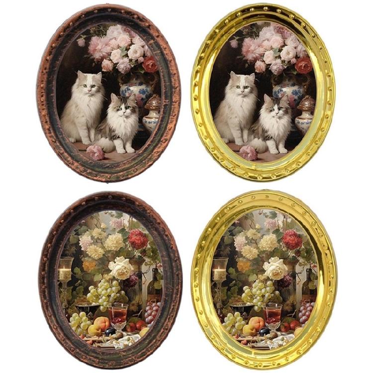 

4PCS Miniature Iron Art Frame with Cats And Rose Oil Painting Picture Frame Model Collectible 1/12 Doll House Accessory 1