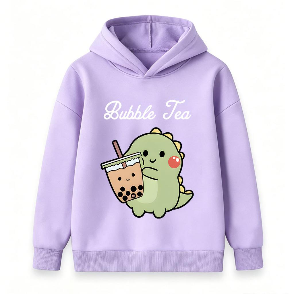 Kids Boys Girls Cute Dinosaur Bubble Tea Printed Pullover Hoodie, Soft Casual Long Sleeve Hooded Sweatshirt for Little Children Daily Wear
