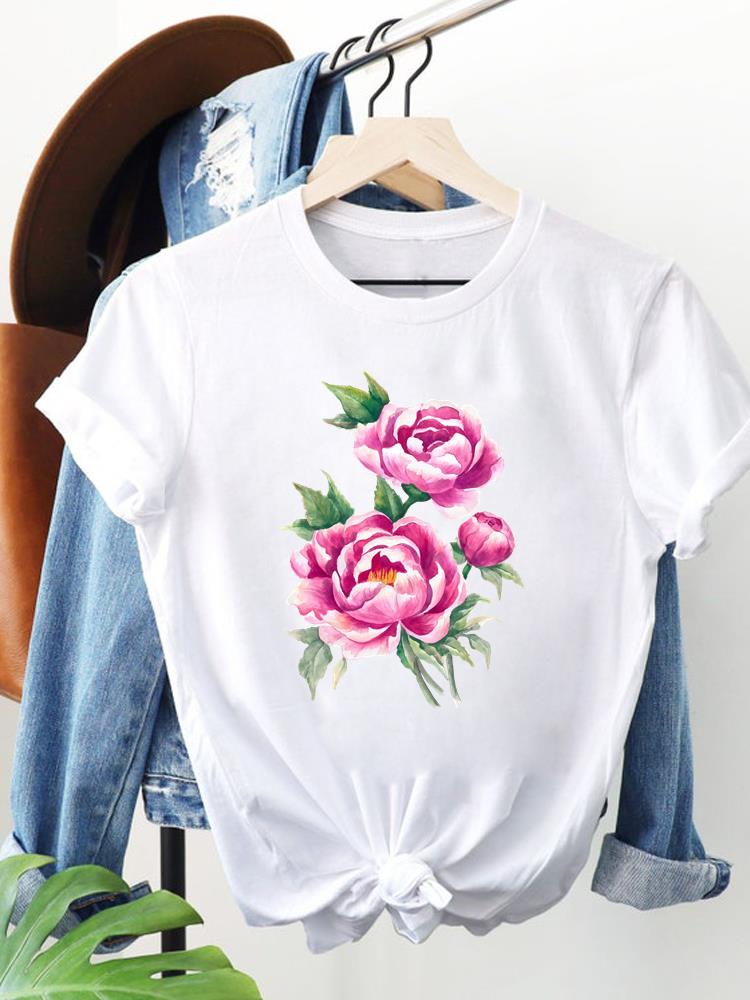 (Asian Size) Trend Flower Lovely Clothing Women Fashion Print Short Sleeve Tee Top Female T Shirt Woman Graphic T-shirts