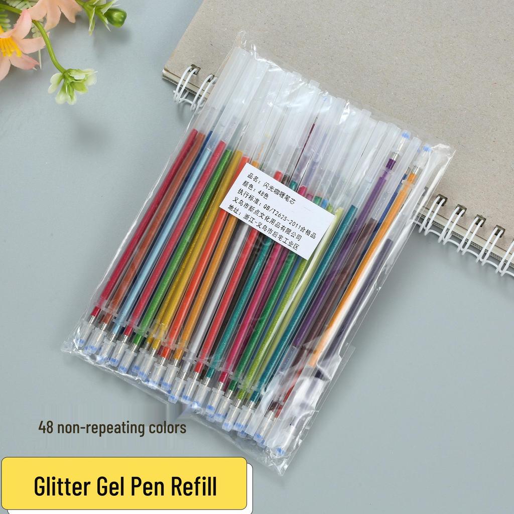 48-Color Glitter Gel Pen Refills Set: Fluorescent, Pastel Shades for Journaling and Student Art.