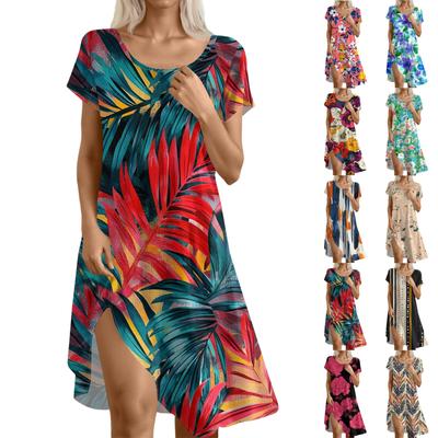 Short Sleeve Boho Dress For Women Casual Loose Fit Summer Sundress Floral Print Dress With Pockets