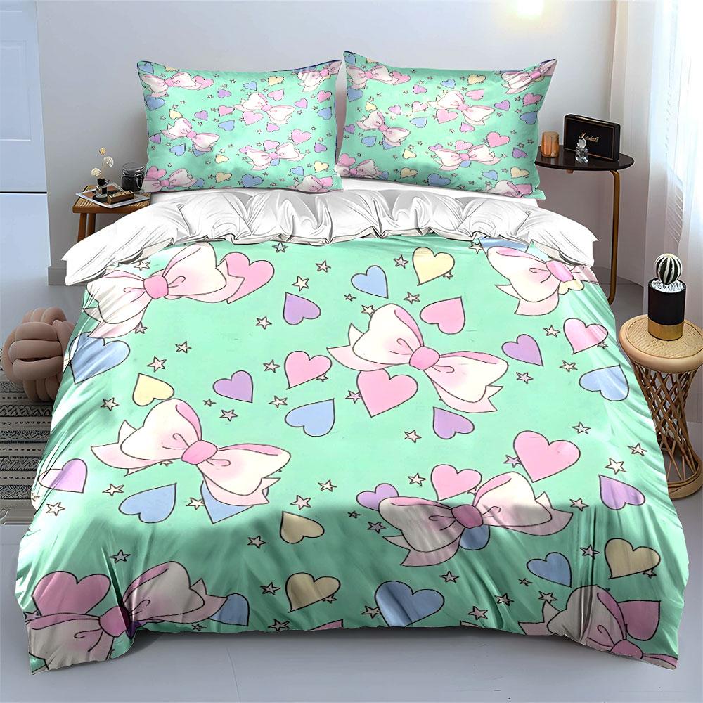 Set con Motivo Pastello di Fiocchi e Cuori Decorazione per Camera da Letto di Bambini e Adulti, Squisito Set Copripiumino a Tre Pezzi Regalo