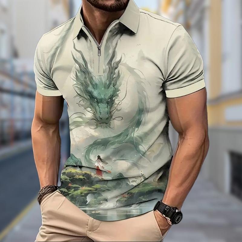 Мужская рубашка поло повседневная на молнии с коротким рукавом модная повседневная — фото 3