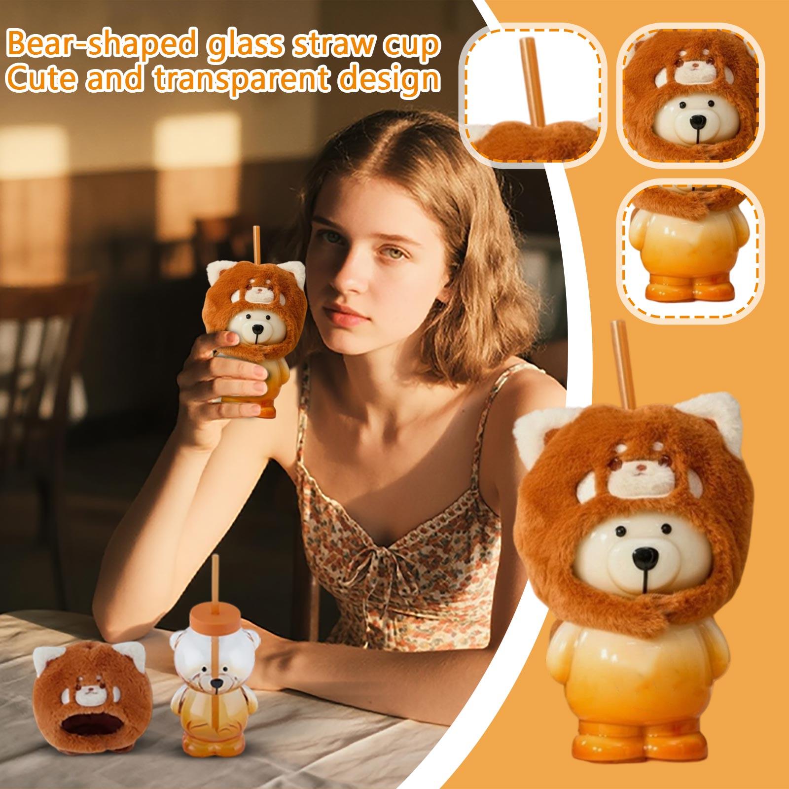 

Bear-Shaped Glass Straw Cup: Cute Transparent Design, Green Hat Water Cup One Size