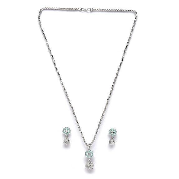 Rhodiovaný stříbrný tónovaný zelený kubický zirkonie posetý květinovým tvarem roztomilý přívěsek s náušnicemi Sada šperků pro dívky a ženy (Zelená)