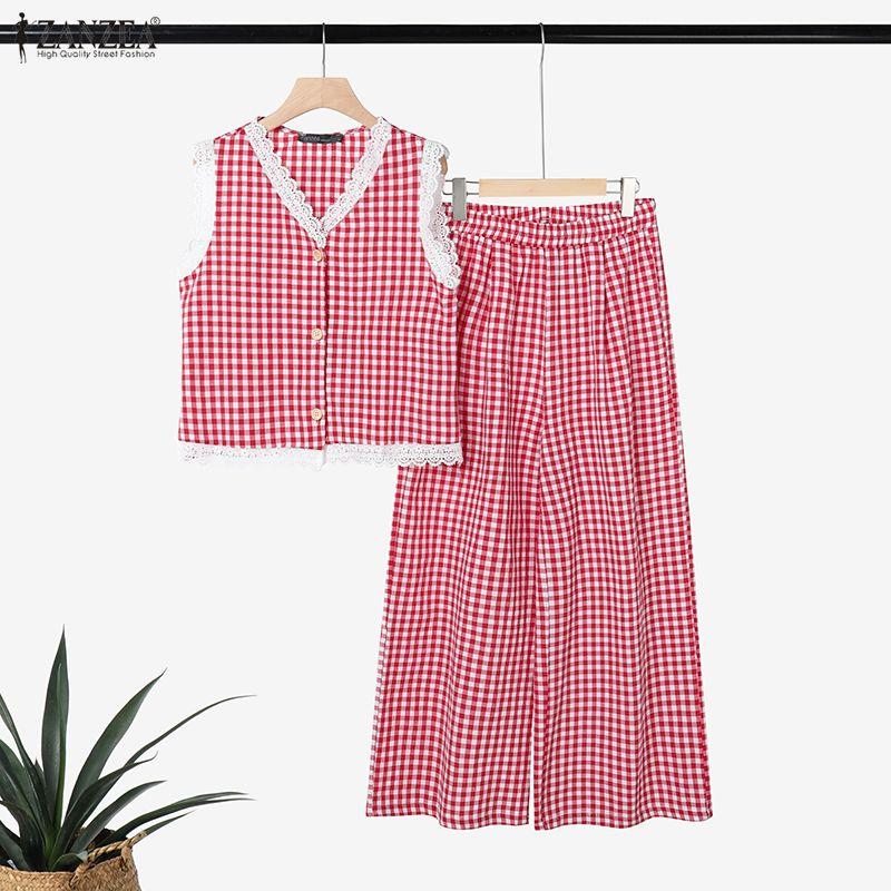 ZANZEA Women Sleeveless Tank Tops and Pants Summer Plaid Print Two Piece Suit Sets
