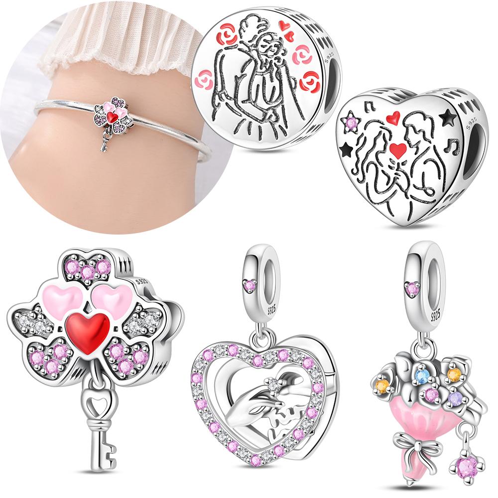 Original Copper Love Heart Beads Couple Balloon Pendant Fit Bracelet Women Jewelry Diy Anniversary Fine Gift