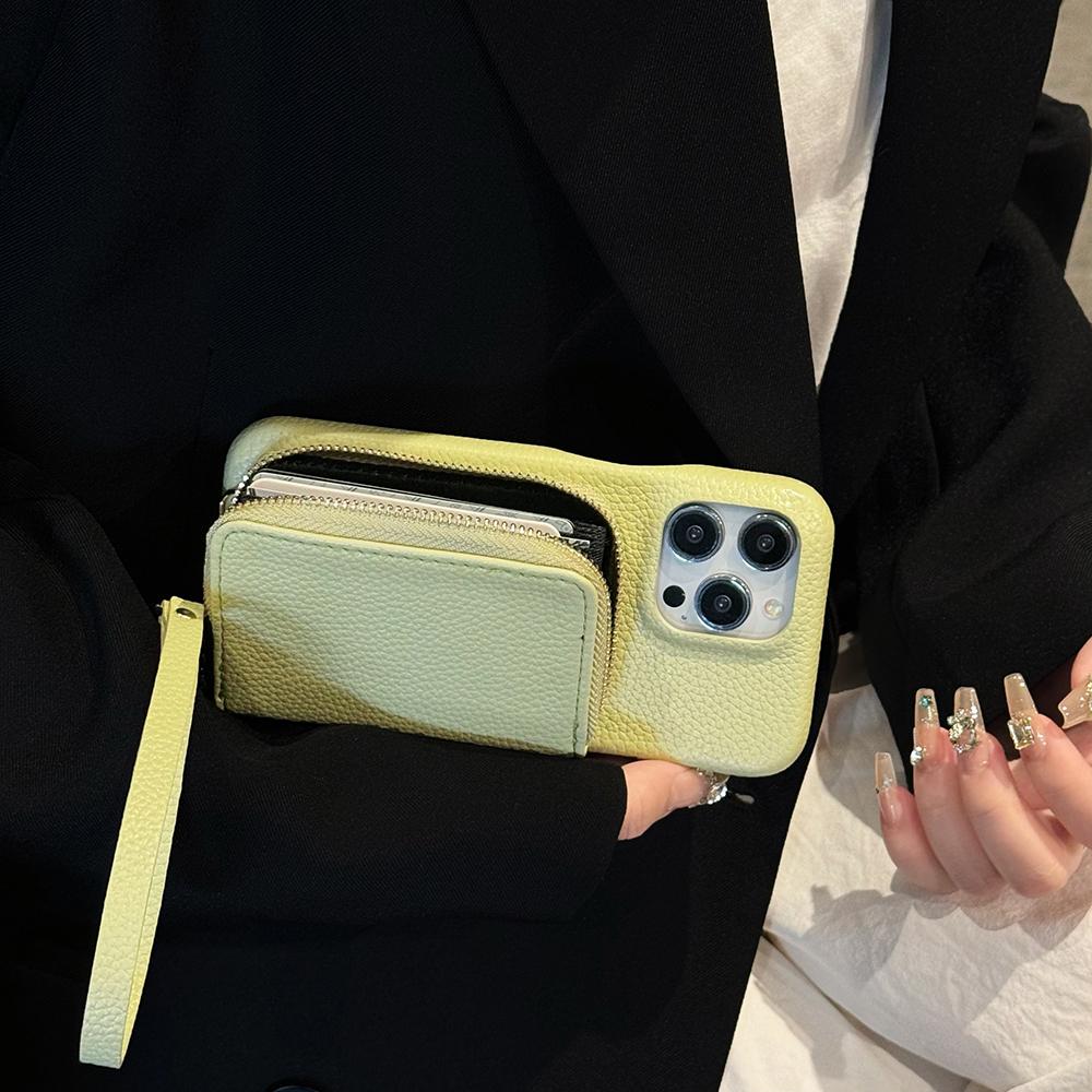 Für iPhone 15 Pro Hülle Reißverschluss Kartenfächer PU Leder Handy Rückseite mit Handschlaufe