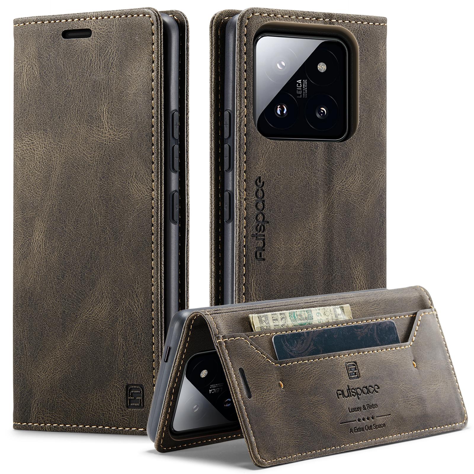 

Для Xiaomi 14 Pro Wallet Case AUTSPACE A01 кожаный чехол-подставка с держателем для карт RFID-блокировки Coffee