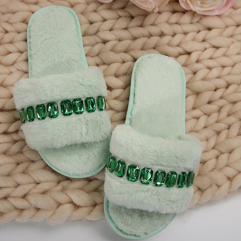 Fashion Rhinestone Fluffy House Slippers for Women 2025 Winter Warm Faux Fur Flat Slides Woman Open Toe One Strap Plush Slippers