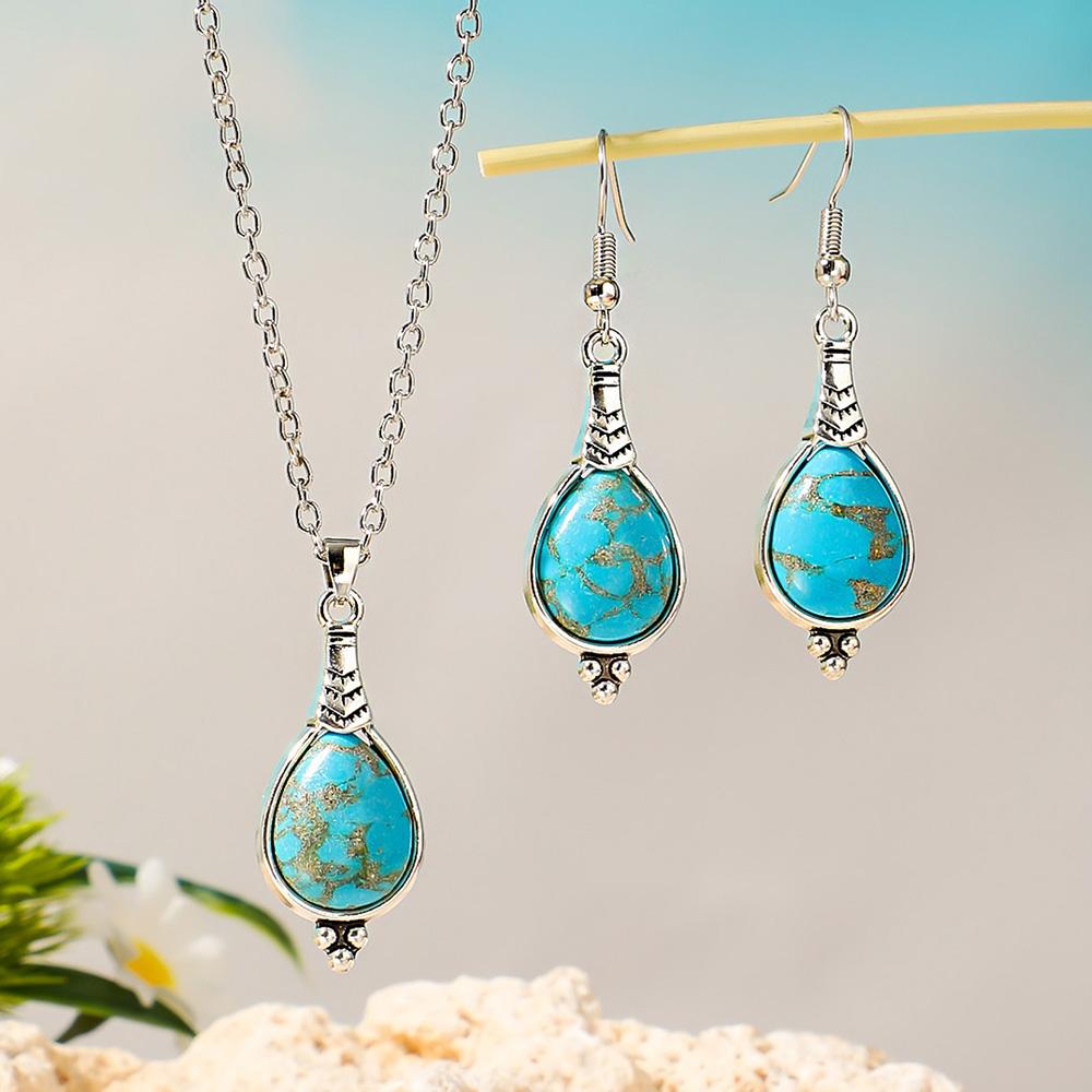 1Pcs Necklace + 1 Pair Earring Set for Women Girls Bohemia Assorted Style Antique Silver Turquoise Inlay Statement Decors Party
