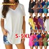 Camicette e camicie da donna con scollo a V, maniche corte, stampa tinta unita casual alla moda
