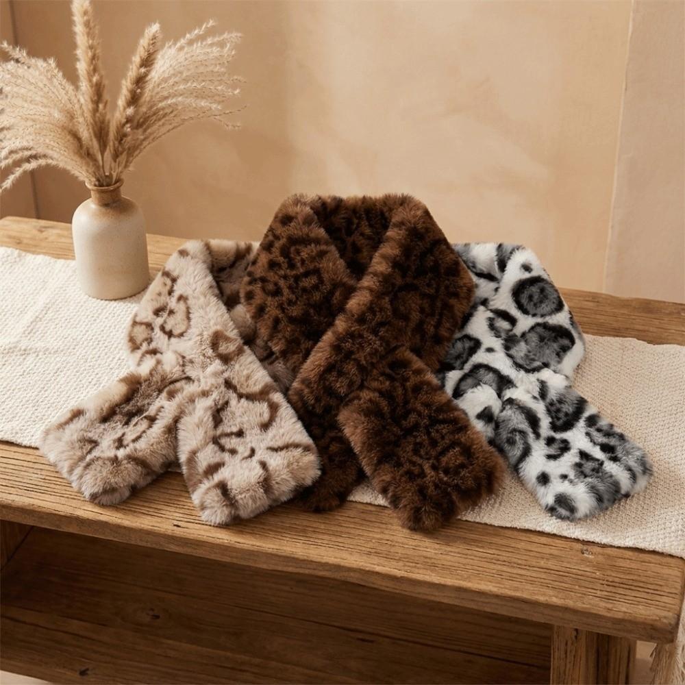 Lightweight Faux Rabbit Fur Scarf Thicken Faux Collar Chic Leopard Print Neckerchief  Ladies