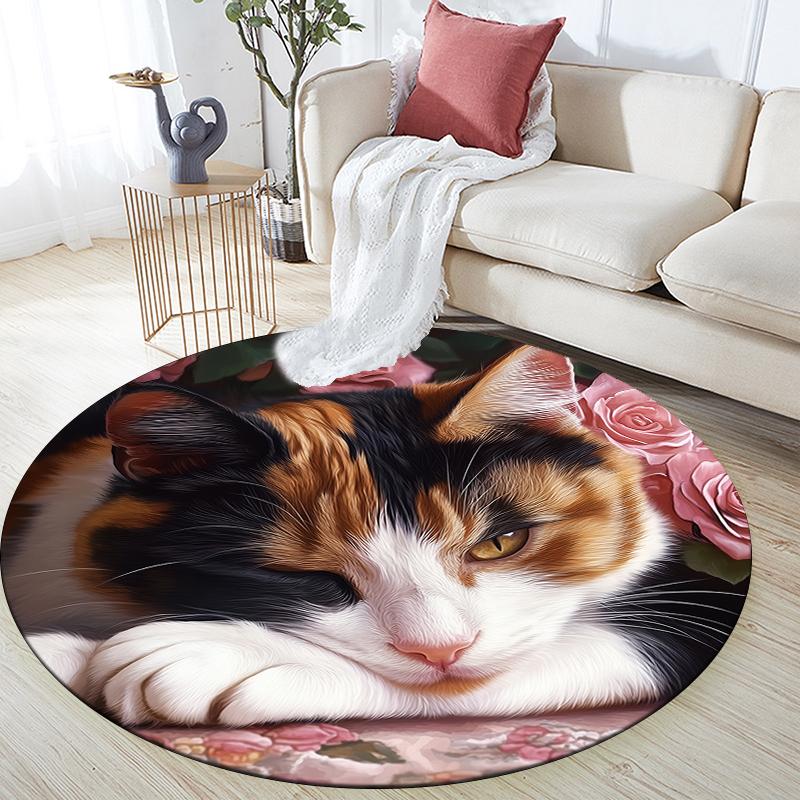 Pink calico cat pattern round rug,Carpet Rug for Living Room Bedroom Playroom ,Non-slip Floor Mat,Holiday Gifts and Birthday Gifts.
