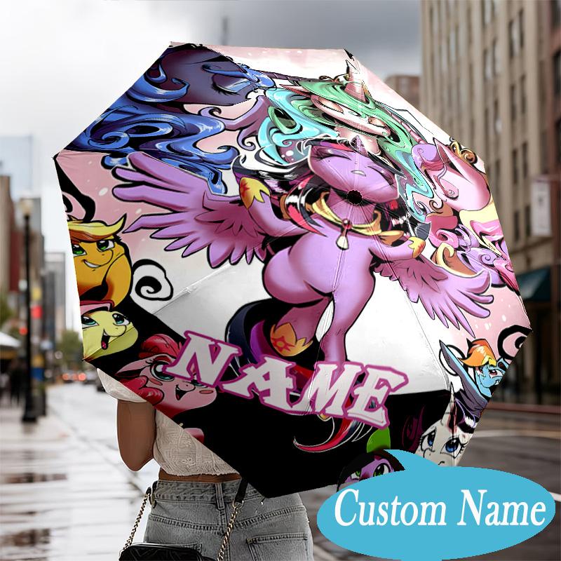 Custom Name Rainbow Pony Umbrella, 8-Rib Folding Umbrella, Lightweight Portable Design for Lovers, Friends, Perfect Gift for Birthdays