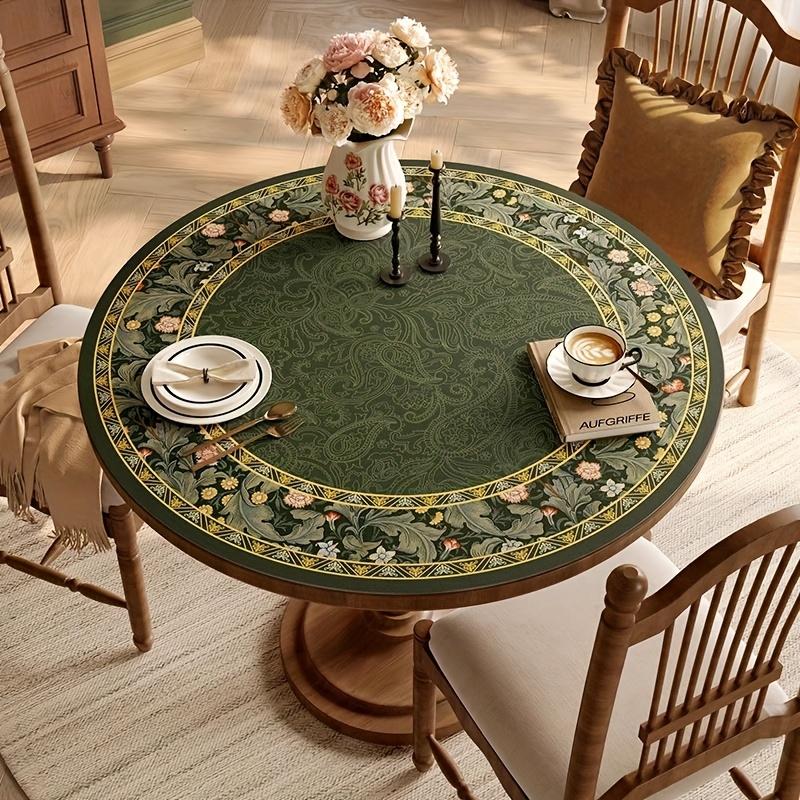 1pc PVC Round Leather Table Mat Tablecloth Green Flower Wipeable Anti-Scald Table Mat Suitable for Dining Table Coffee Table Round Decorativ 60cm