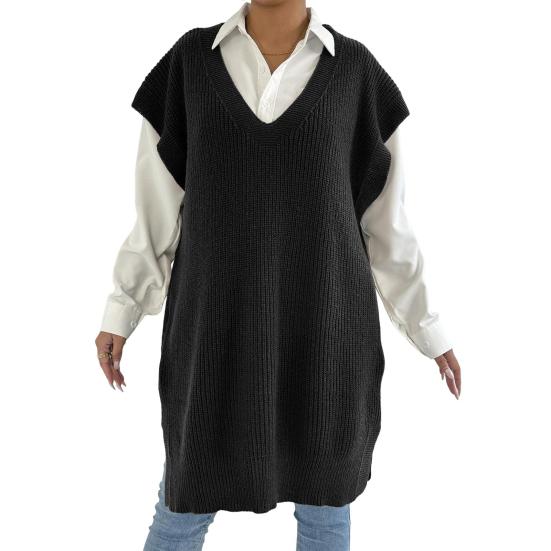 Women Sweater Vest V-Neck Sleeveless Solid Color Knitting Vest Loose Fit Side Split Design Casual Sweater Vest
