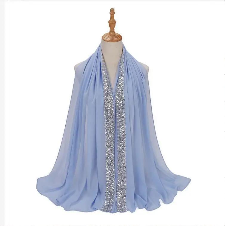 High Quality Pearls Chiffon Scarf Muslim Women Sequins Hijab Headwrap Arab Plain Turban Shawls Hair Accessories 175*70cm