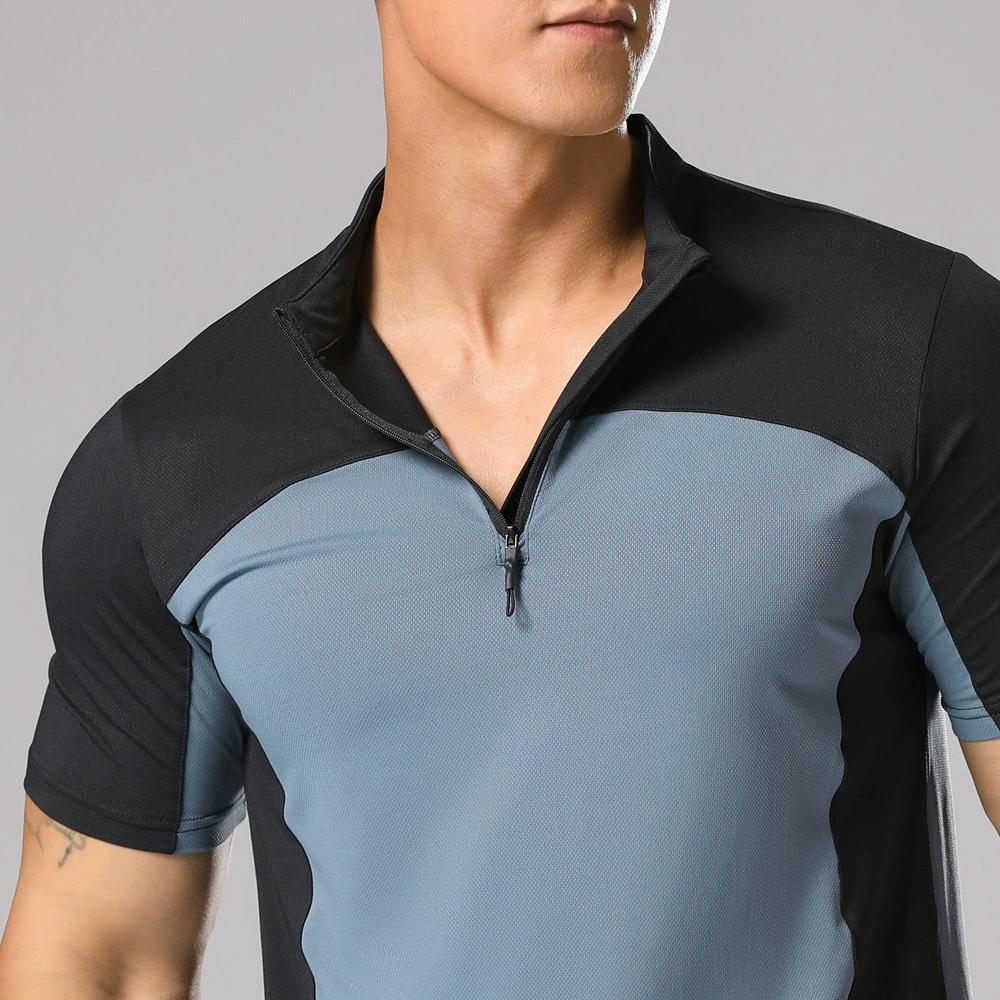 Fitness Running Sports Short Sleeved T-shirt Men's Stand Up Collar Half Zipper High Elasticity Breathable Outdoor Quick Drying Clothes