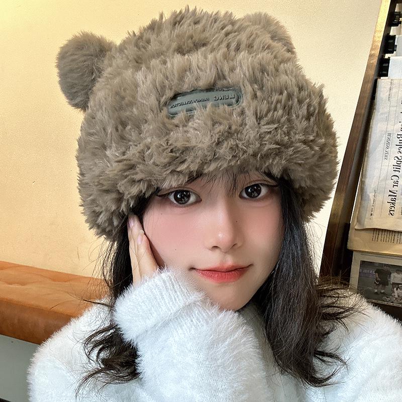 Luochi Bear Huhu Face-Slimming Fluffy Wool Winter Hat for Large Head Circumference