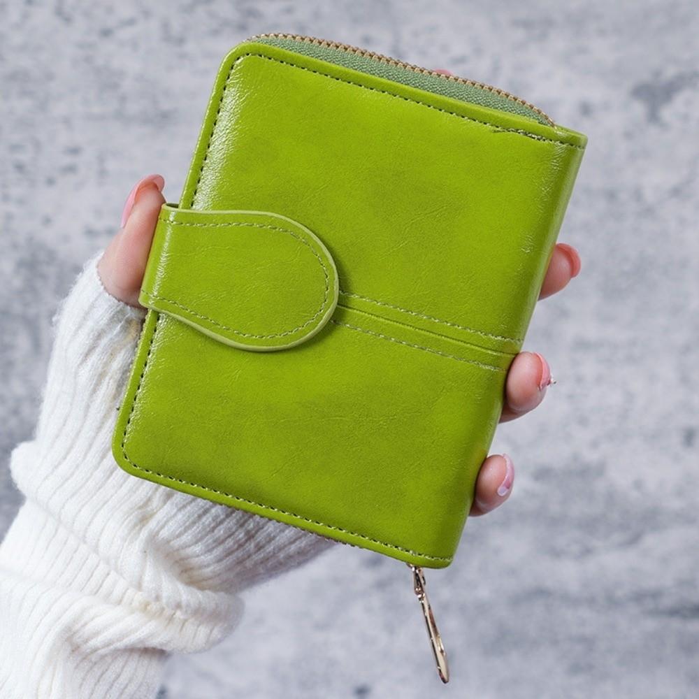 

Women s Fashion Multi-slot Short Wallet Oil-based PU Leather Zipper Card Holder Bag Vintage Coin Purse зелений