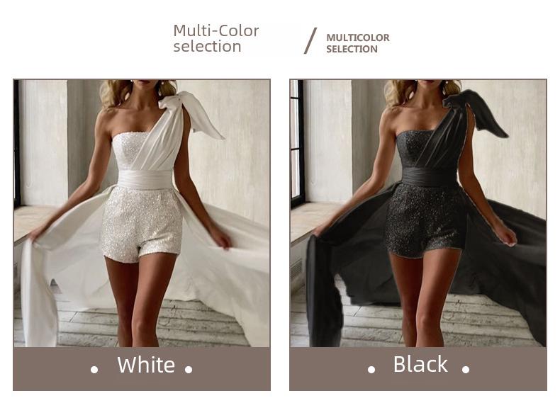 2025 Spring/Summer Women's Strapless White Sequin Mini Dress with Tie-Up Waist and Large Swing Skirt
