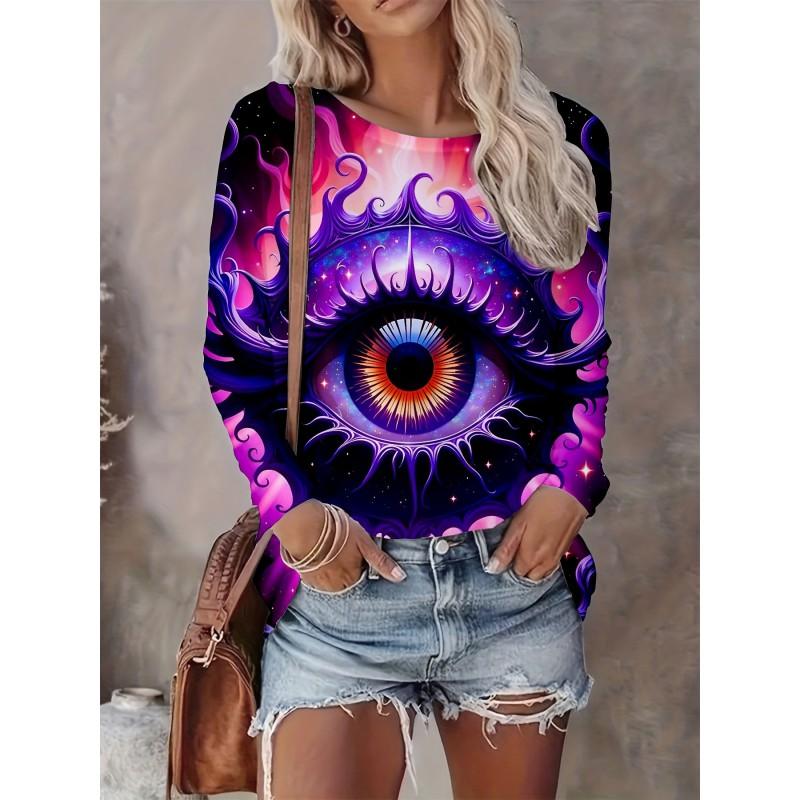 Womens Casual Abstract Print Long Sleeve Crew Neck T-Shirt 3D Effect 2025 Comfort Fit