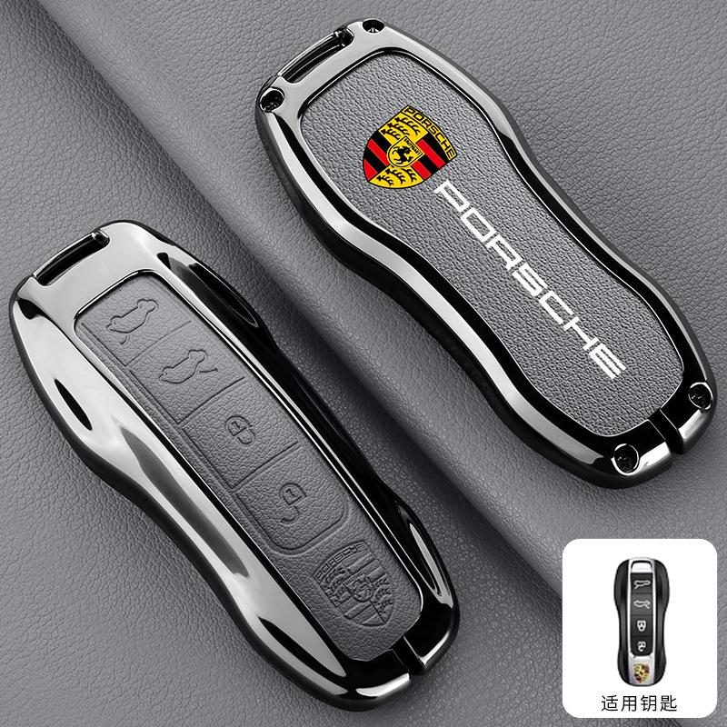 4 Buttons Zinc Alloy Leather Car Remote Key Case Cover Shell for Porsche New Cayenne Panamera 911 992 Taycan Accessories Sticker