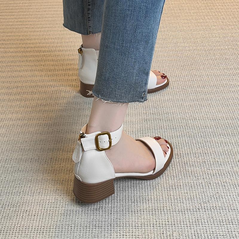 Sandals women's thick heel rear zipper retro British style summer new one-word strap sandals middle heel stepping on shit Roman shoes