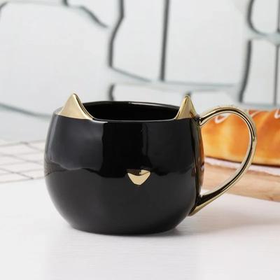 Schwarz-weiße Tasse in Katzenform, vergoldet, 3D-Katzenohren, Keramik-Kaffeetasse, Frühstücks-Milch-Pärchentasse, Wassertasse als Valentinstagsgeschenk
