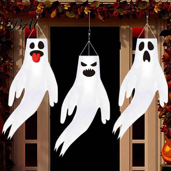 Durable Polyester Ghost 44 Inch Halloween Hanging Windsock, White Flying Ghosts Flag Wind Spooky Yard Decor Socks for Tree, Outdoor Patio, Party