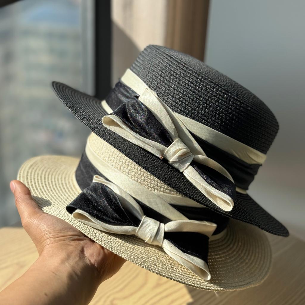 New Straw Woven Flat Top Top Hat Bow Straw Hat Summer Outing Seaside Sunshade and Sun Protection