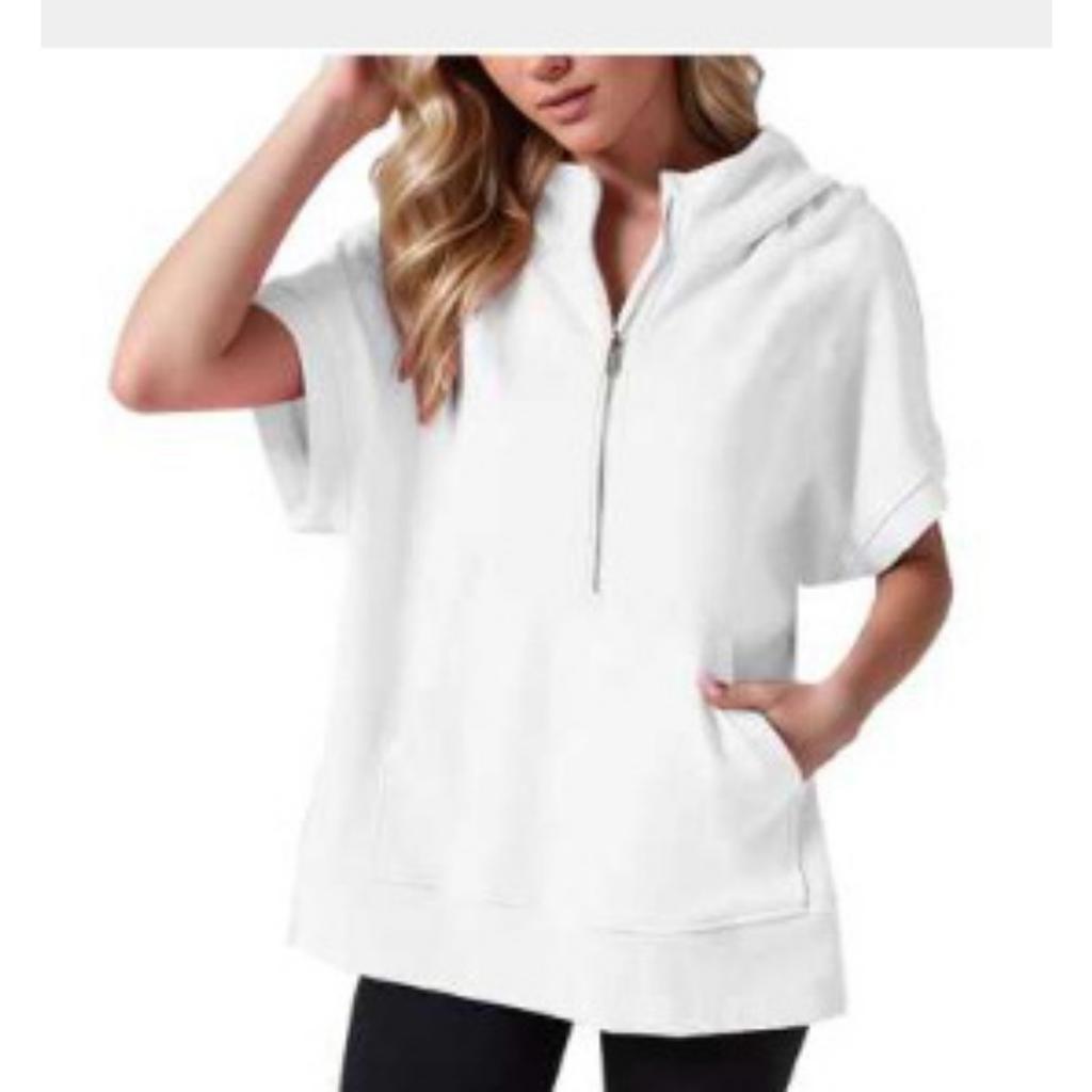 Women's Hooded Short Sleeve Half Zip Oversized Casual Sweatshirt With Pockets