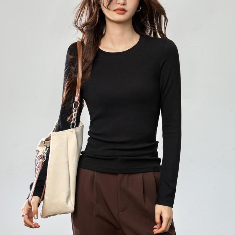 Soft Brushed Cotton T-Shirt Women Fall Winter Long Sleeve Slim Fit Stand Collar Base Layer Top