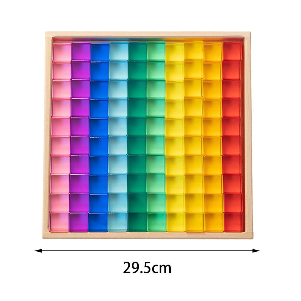 100 Pieces Rainbow Building Blocks Acrylic Gemstone Cubes Stacking Game Toy with Wooden Storage Box