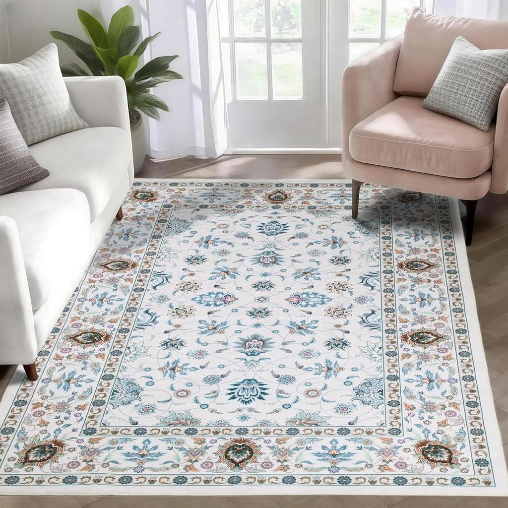 Non-Slip Boho Small Area Rugs for Entryway, Machine Washable Vintage Rug, Indoor Floral Print Carpet for Home Decor