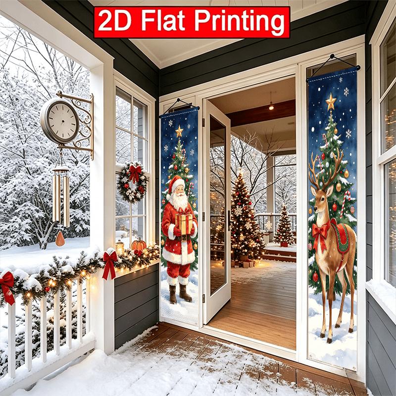 2D Flat - 2pcs 2D Flat Christmas Theme, 30.48X179.83 cm Polyester Door Couplets, Santa Claus And Reindeer Design, Suitable for Christmas, Christmas Ev