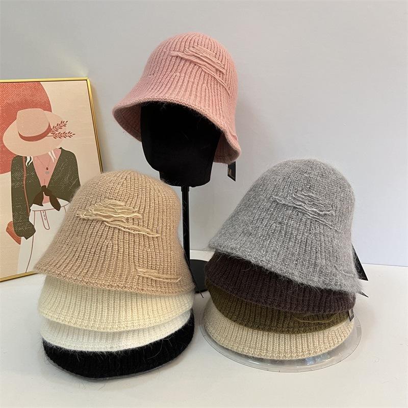 Autumn and Winter Wool Patch Fashion Knitted Bucket Hat Solid Color Warm Simple Bucket Hat