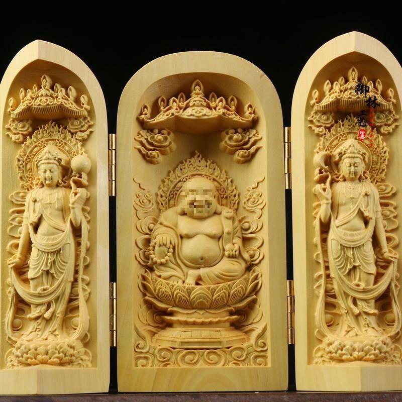 Boxwood Western Tři svatí Buddha Guanyin Masivní dřevo Přenosná třípanelová řezbovaná ozdoba