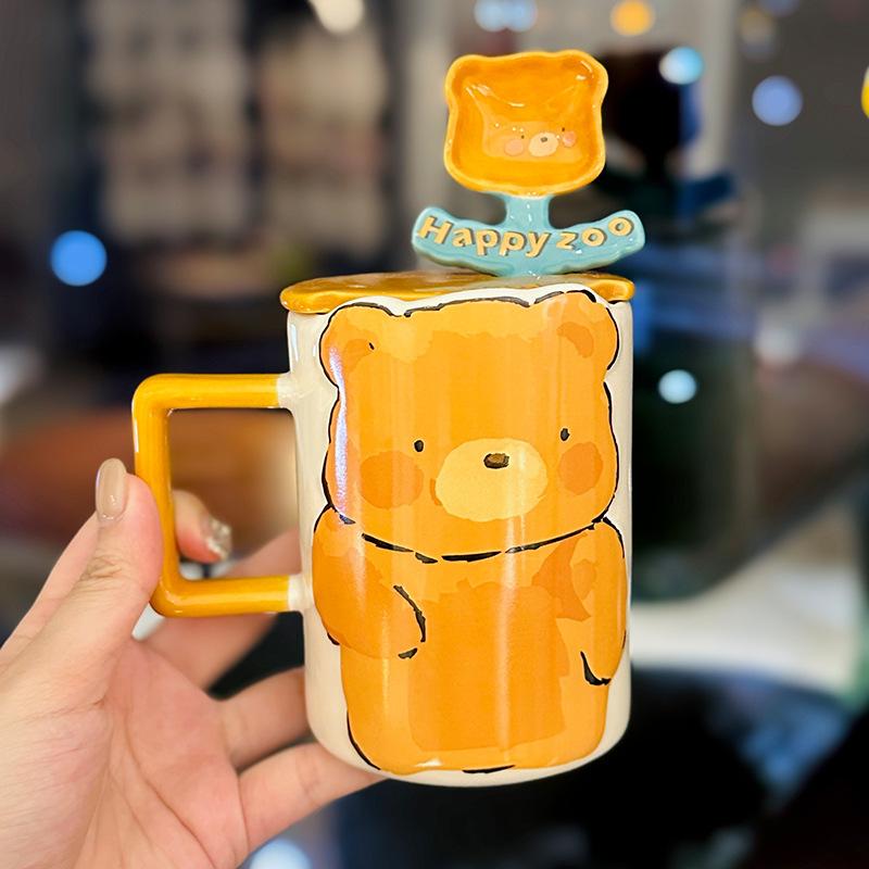 Cute Cartoon Three-Dimensional Bear Rabbit Ceramic Mug With Lid Spoon High-Value Office Coffee Cup Souvenir