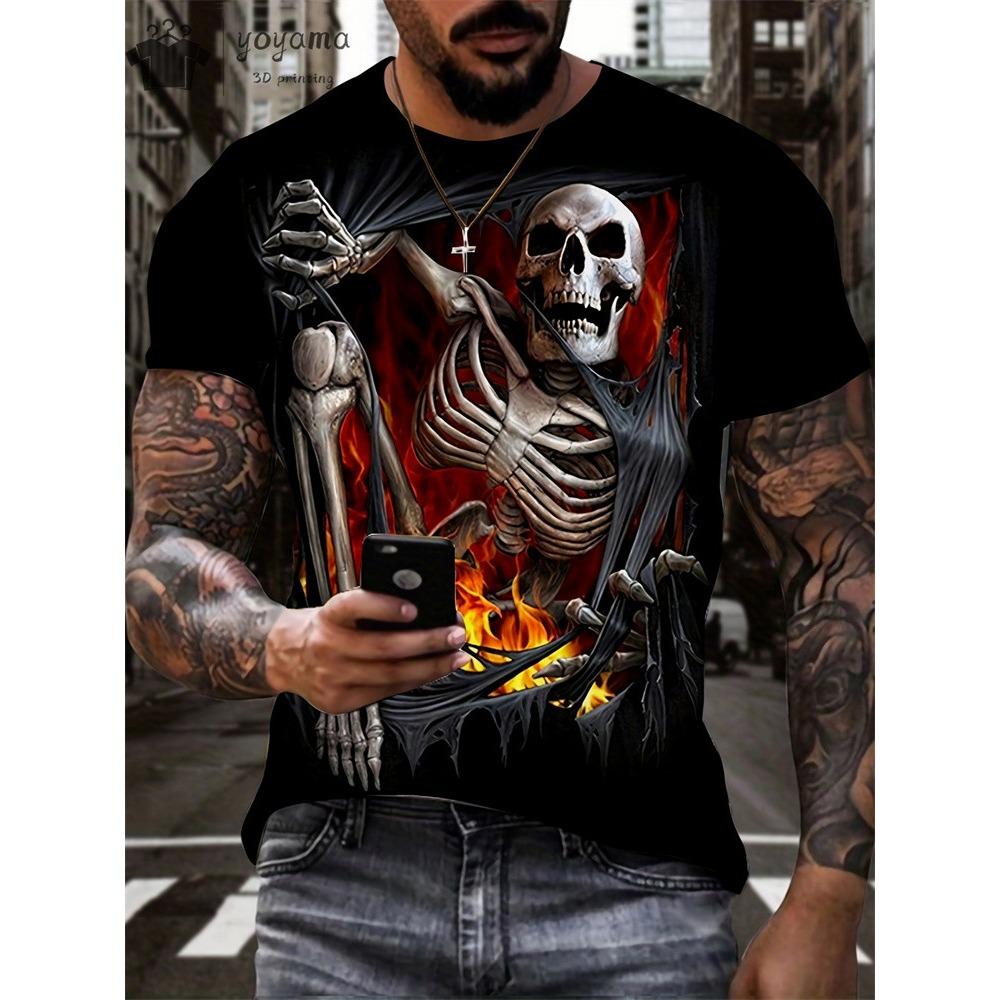 Skräckskalletryck för män T-shirt 3D-tryck Vintage o-halsad kortärmad mode överdimensionerade T-shirts Herr sommar streetkläder