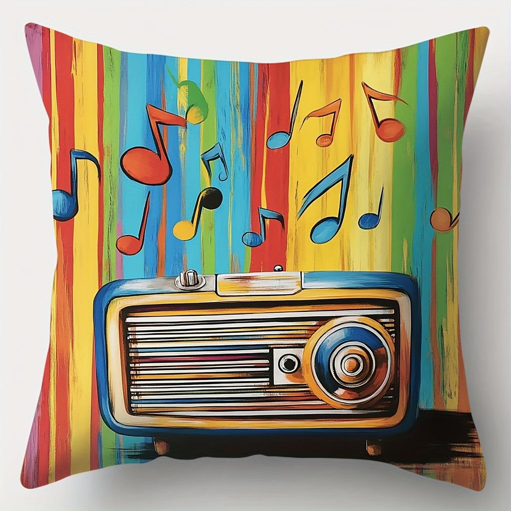 4-Piece Music-Inspired Pillowcase Set – Vintage Radio, Record Player, Headphones & Colorful Musical Notes